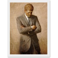 Artery8 Shikler Official Portrait US President John Kennedy JFK Painting Artwork Framed Wall Art Print A4 in White