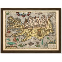 Artery8 Map Ortelius 1585 Iceland Islandia Sea Monsters Pictorial Fantasy Artwork Framed Wall Art Print A4 in Brown