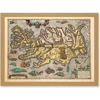 Artery8 Map Ortelius 1585 Iceland Islandia Sea Monsters Pictorial Fantasy Artwork Framed Wall Art Print A4 in Light Oak