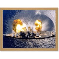 Artery8 Elliot US Navy USS Iowa Battleship Fires Broadside BB-61 Photo Artwork Framed Wall Art Print A4 in Light Oak