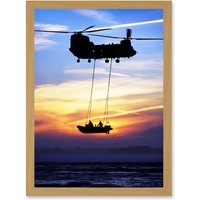 Artery8 Military UK British Chinook Helicopter Royal Marines Artwork Framed Wall Art Print A4 in Light Oak