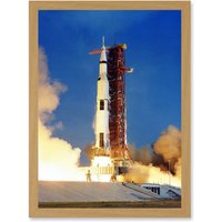 Artery8 Space Nasa Apollo 11 Rocket Launch Lift Off-Photo USA Moon Mission Artwork Framed Wall Art Print A4 in Light Oak