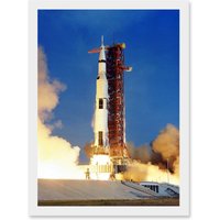 Artery8 Space Nasa Apollo 11 Rocket Launch Lift Off-Photo USA Moon Mission Artwork Framed Wall Art Print A4 in White