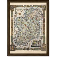 Artery8 Story Map of Ireland Colortext 1936 Historic Pictorial Artwork Framed Wall Art Print A4 in Brown