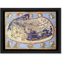 Artery8 Antique Map Nicolas 1482 Ptolemy 2nd Century World Pictorial Artwork Framed Wall Art Print A4 in Black