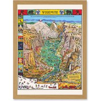 Artery8 Map Mora 1931 Yosemite Valley Pictorial National Park USA Artwork Framed Wall Art Print A4 in Light Oak