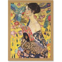 Artery8 Gustav Klimt Lady With Fan Painting Artwork Framed Wall Art Print A4 in Light Oak