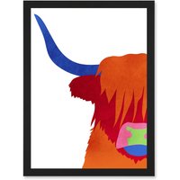Artery8 Bright Highland Scottish Cow Bull Coo Colourful Artwork Framed Wall Art Print A4 in Black