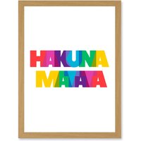 Artery8 Hakuna Matata Colourful No Worries Artwork Framed Wall Art Print A4 in Light Oak