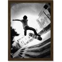 Artery8 Skateboarder Trick Black White Photo Artwork Framed Wall Art Print A4 in Brown