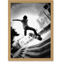 Artery8 Skateboarder Trick Black White Photo Artwork Framed Wall Art Print A4 in Light Oak