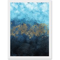 Artery8 Abstract Blue & Gold Watercolour Modern Artwork Framed Wall Art Print A4 in White