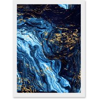 Artery8 Abstract Dark Blue Gold Pour Watercolour Modern Artwork Framed Wall Art Print A4 in White