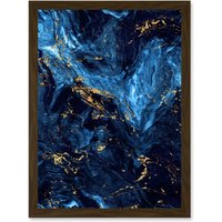Artery8 Abstract Dark Blue Gold Swirl Watercolour Modern Artwork Framed Wall Art Print A4 in Brown