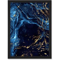 Artery8 Abstract Dark Blue Gold Water Modern Artwork Framed Wall Art Print A4 in Black