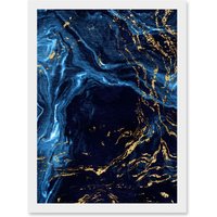Artery8 Abstract Dark Blue Gold Water Modern Artwork Framed Wall Art Print A4 in White