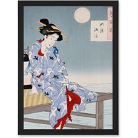 Artery8 Chikanobu Japan Geisha Pier Moon Artwork Framed Wall Art Print A4 in Black