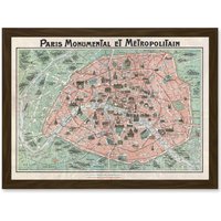 Artery8 Robelin Paris Metropolitan Monument Map France Artwork Framed Wall Art Print A4 in Brown