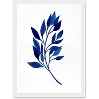 Artery8 Navy Blue Watercolour Leaves Artwork Framed Wall Art Print A4 in White