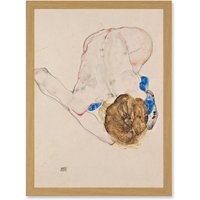 Artery8 Egon Schiele Model With Blue Stockings Artwork Framed Wall Art Print A4 in Light Oak