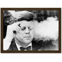 Artery8 Vintage Photo President John F Kennedy JFK Smoking Cigar Artwork Framed Wall Art Print A4 in Brown