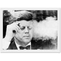 Artery8 Vintage Photo President John F Kennedy JFK Smoking Cigar Artwork Framed Wall Art Print A4 in White