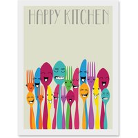 Artery8 Happy Colourful Cutlery Kitchen Food Artwork Framed Wall Art Print A4 in White