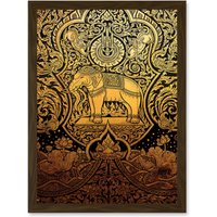Artery8 Painting Ornate Abstract Thailand Elephant Black Gold Artwork Framed Wall Art Print A4 in Brown