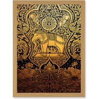 Artery8 Painting Ornate Abstract Thailand Elephant Black Gold Artwork Framed Wall Art Print A4 in Light Oak