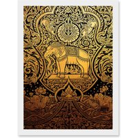 Artery8 Painting Ornate Abstract Thailand Elephant Black Gold Artwork Framed Wall Art Print A4 in White