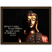 Artery8 Peace Comes From Within Buddha Statue Uplifting Quote Artwork Framed Wall Art Print A4 in Brown