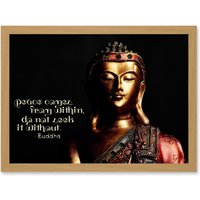 Artery8 Peace Comes From Within Buddha Statue Uplifting Quote Artwork Framed Wall Art Print A4 in Light Oak