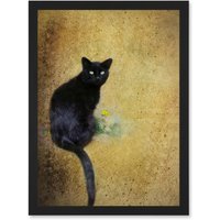 Artery8 Black Cat With Yellow Flower Artwork Framed Wall Art Print A4