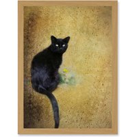 Artery8 Black Cat With Yellow Flower Artwork Framed Wall Art Print A4 in Light Oak