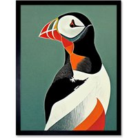 Artery8 Wall Art Print Bright Bold Colourful Atlantic Puffin Bird Portrait Art Framed in Black | Size: W12" x H16"