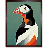 Artery8 Wall Art Print Bright Bold Colourful Atlantic Puffin Bird Portrait Art Framed in Brown | Size: W12" x H16"