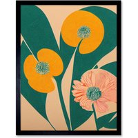 Artery8 Wall Art Print California Poppy Flower Blooms Turquoise Leaves Bright Art Framed in Black | Size: W12" x H16"