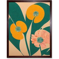 Artery8 Wall Art Print California Poppy Flower Blooms Turquoise Leaves Bright Art Framed in Brown | Size: W12" x H16"