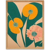 Artery8 Wall Art Print California Poppy Flower Blooms Turquoise Leaves Bright Art Framed in Light Oak | Size: W12" x H16"