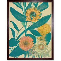 Artery8 Wall Art Print Marigold Daisy Flowers Turquoise Leaves Bright Colourful Abstract Art Framed in Brown | Size: W12" x H16"