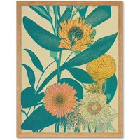 Artery8 Wall Art Print Marigold Daisy Flowers Turquoise Leaves Bright Colourful Abstract Art Framed in Light Oak | Size: W12" x H16"