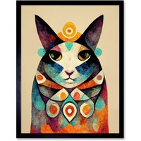 Artery8 Wall Art Print Quirky Boho Abstract Modern Shaman Guru Cat Art Framed in Black | Size: W12" x H16"