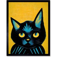 Artery8 Quirky Bold Black Cat Yellow Blue Home Decor 12x16" Framed Art Print | Size: W12" x H16"