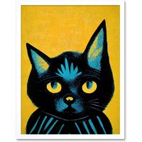 Artery8 Quirky Bold Black Cat Yellow Blue Home Decor 12x16" Framed Art Print in White | Size: W12" x H16"