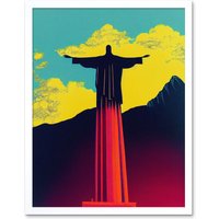 Artery8 Wall Art Print Christ the Redeemer Rio Brazil Pop Art Framed in White | Size: W12" x H16"