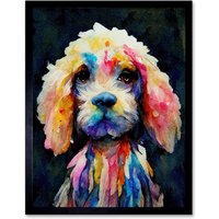Artery8 Wall Art Print Bright Abstract Colourful Dog Spaniel Cavapoo Cockapoo Art Framed in Black | Size: W12" x H16"