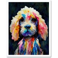 Artery8 Wall Art Print Bright Abstract Colourful Dog Spaniel Cavapoo Cockapoo Art Framed in White | Size: W12" x H16"