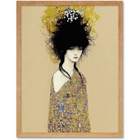 Artery8 Wall Art Print Woman in Klimt Style Dress Gold Black Painting Art Framed in Light Oak | Size: W12" x H16"