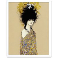 Artery8 Wall Art Print Woman in Klimt Style Dress Gold Black Painting Art Framed in White | Size: W12" x H16"