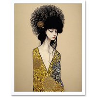 Artery8 Wall Art Print Golden Geisha Abstract Elegant Painting Art Framed in White | Size: W12" x H16"